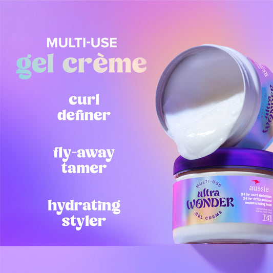 Aussie Ultra Wonder Gel Crème texture swatch highlighting creamy gel consistency for easy styling