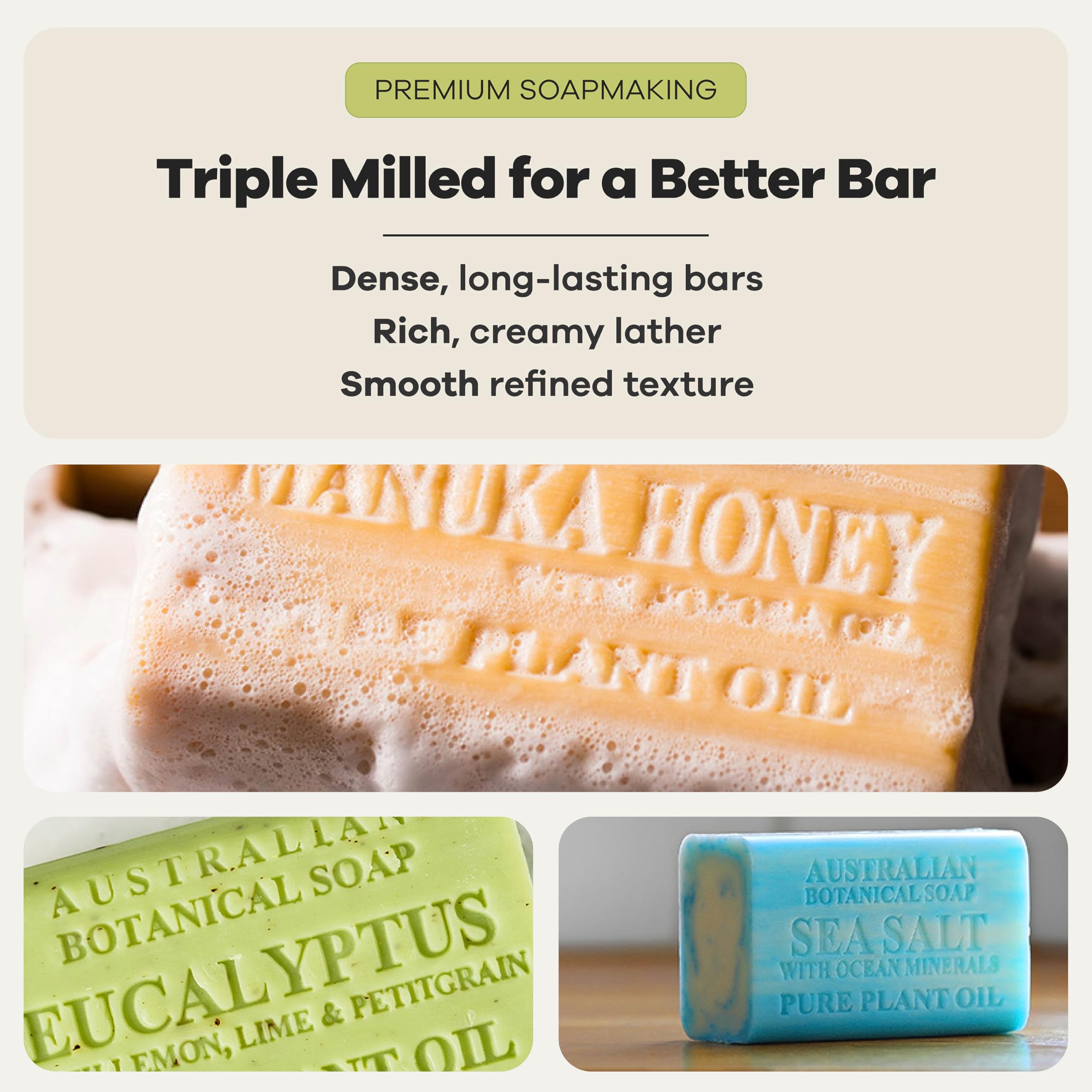 australian botanical soap bars lined on a bathroom shelf offering shower variety