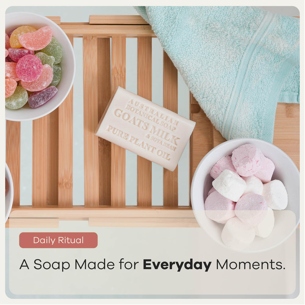 Australian Botanical Soap arranged in bathroom setting conveying everyday luxury benefit