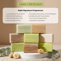 Australian Botanical Soap arranged eight bars highlighting variety and convenience