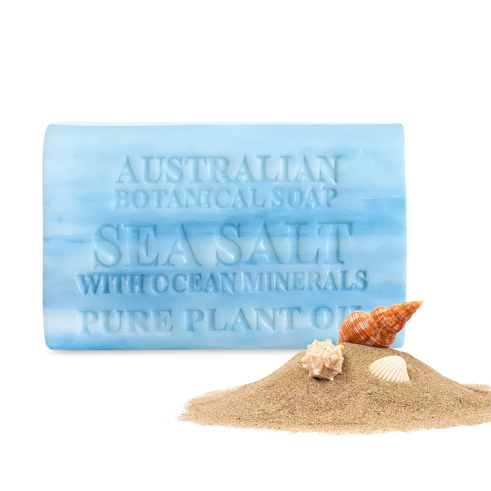 Australian Botanical Soap front packaging showing the sea salt bar and branding benefits