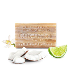 Australian Botanical Soap front packaging showing coconut lime scent and benefit