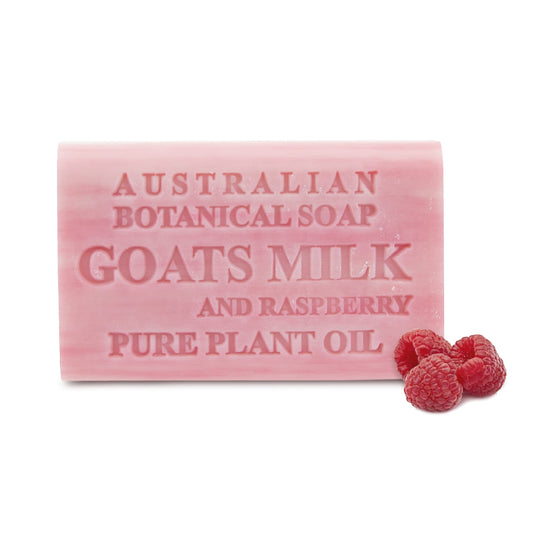 Australian Botanical Soap front packaging showing raspberry scent and benefits