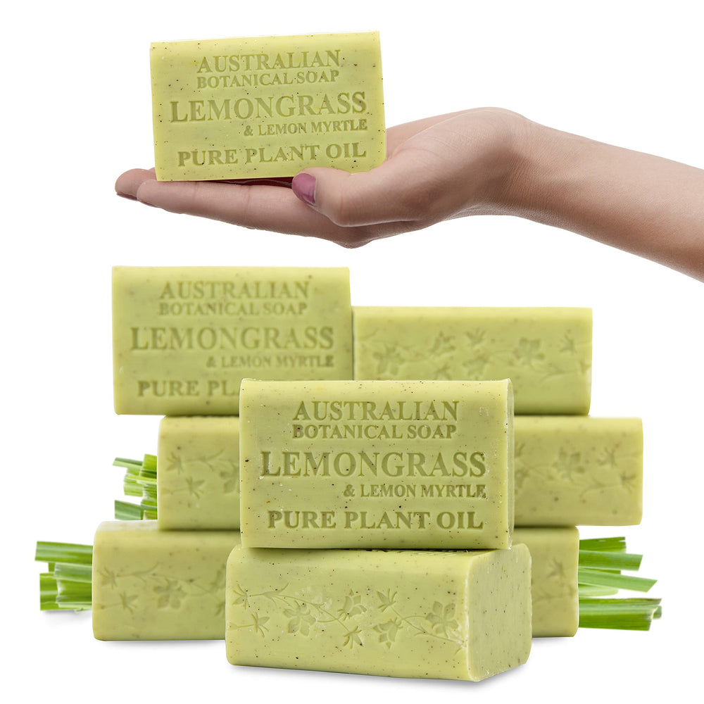 Australian Botanical Soap front packaging showing pack of eight bars and benefits