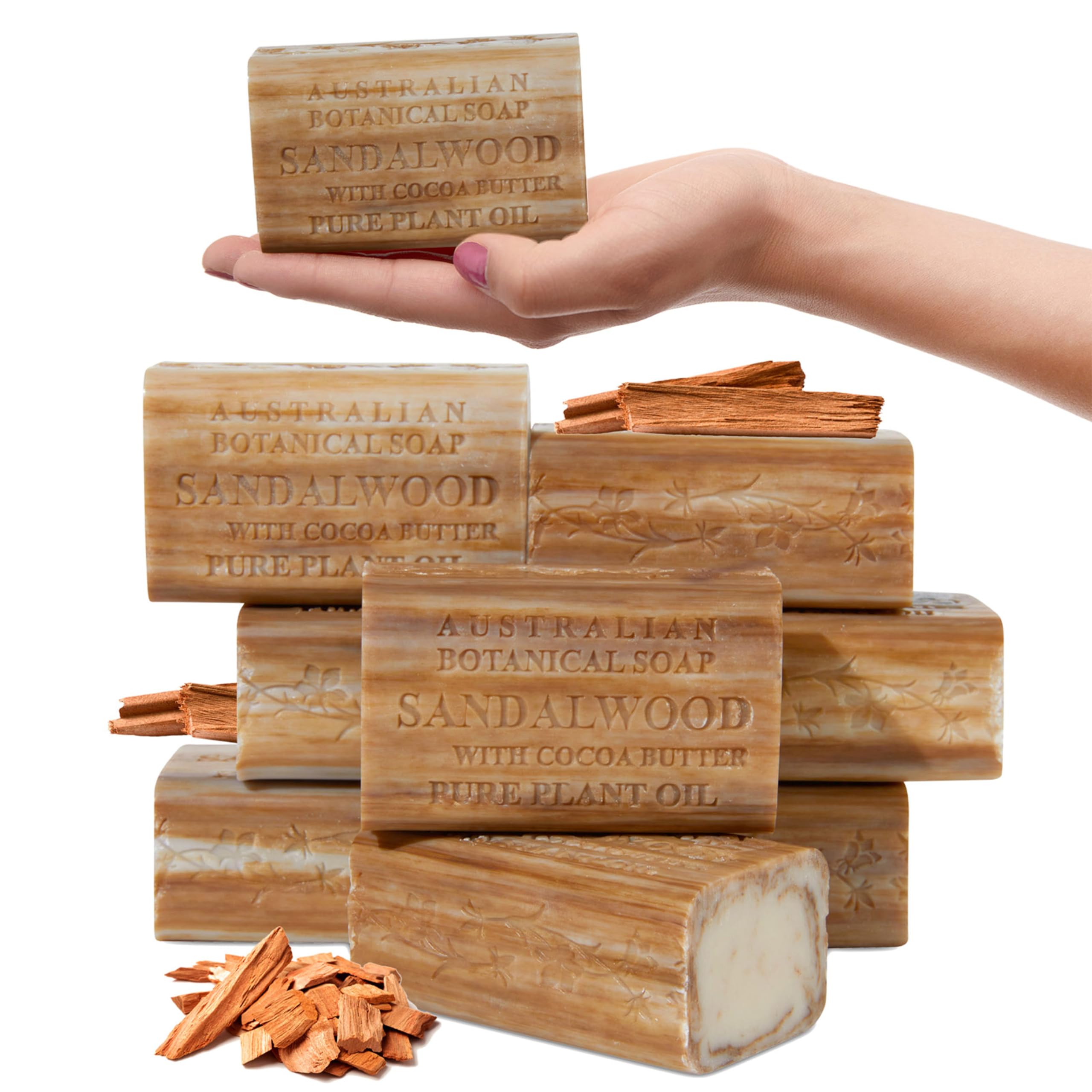 Australian Botanical Soap front packaging showing pack of eight bars and warm scent benefits