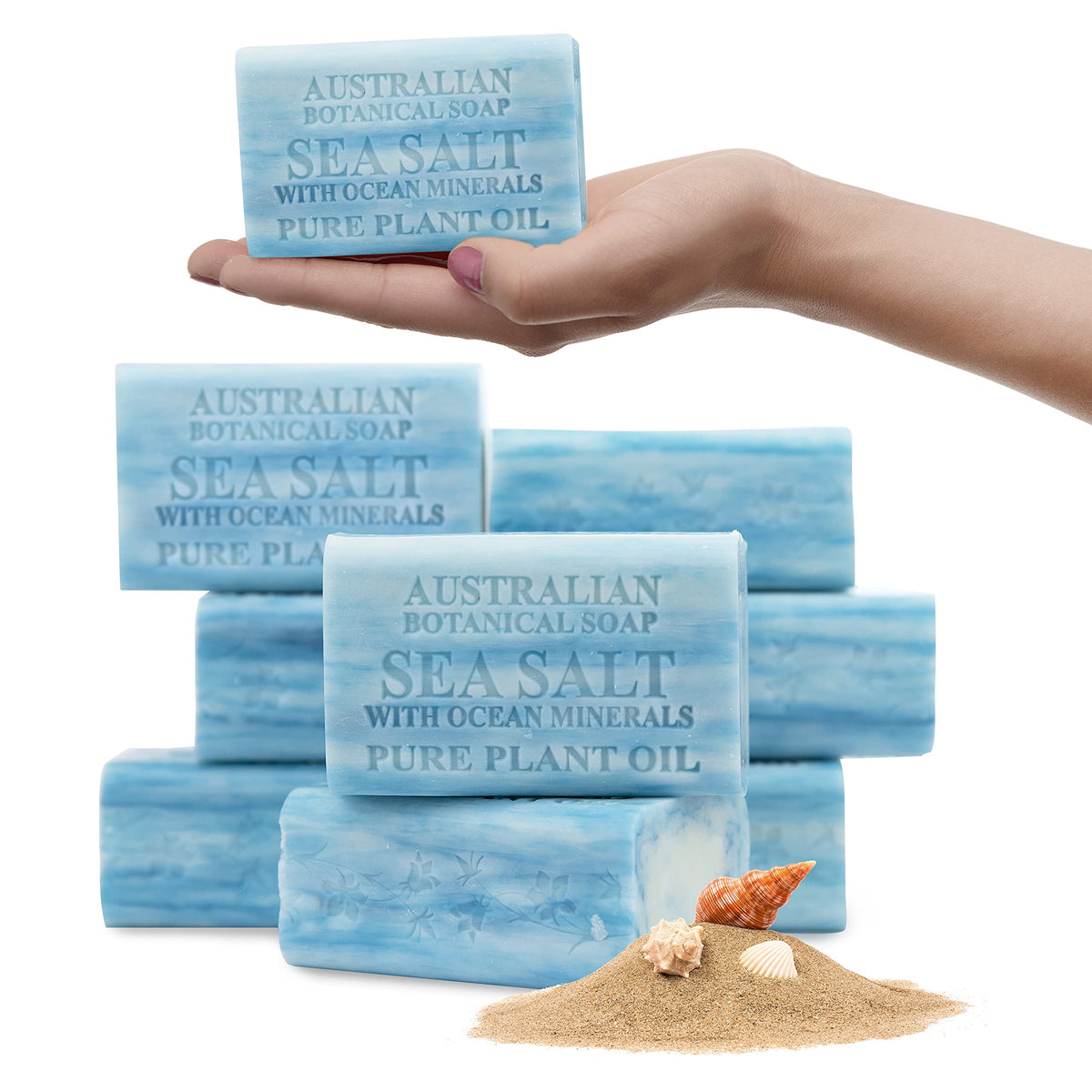 Australian Botanical Soap front packaging showing sea salt soap and clear labeling for longevity