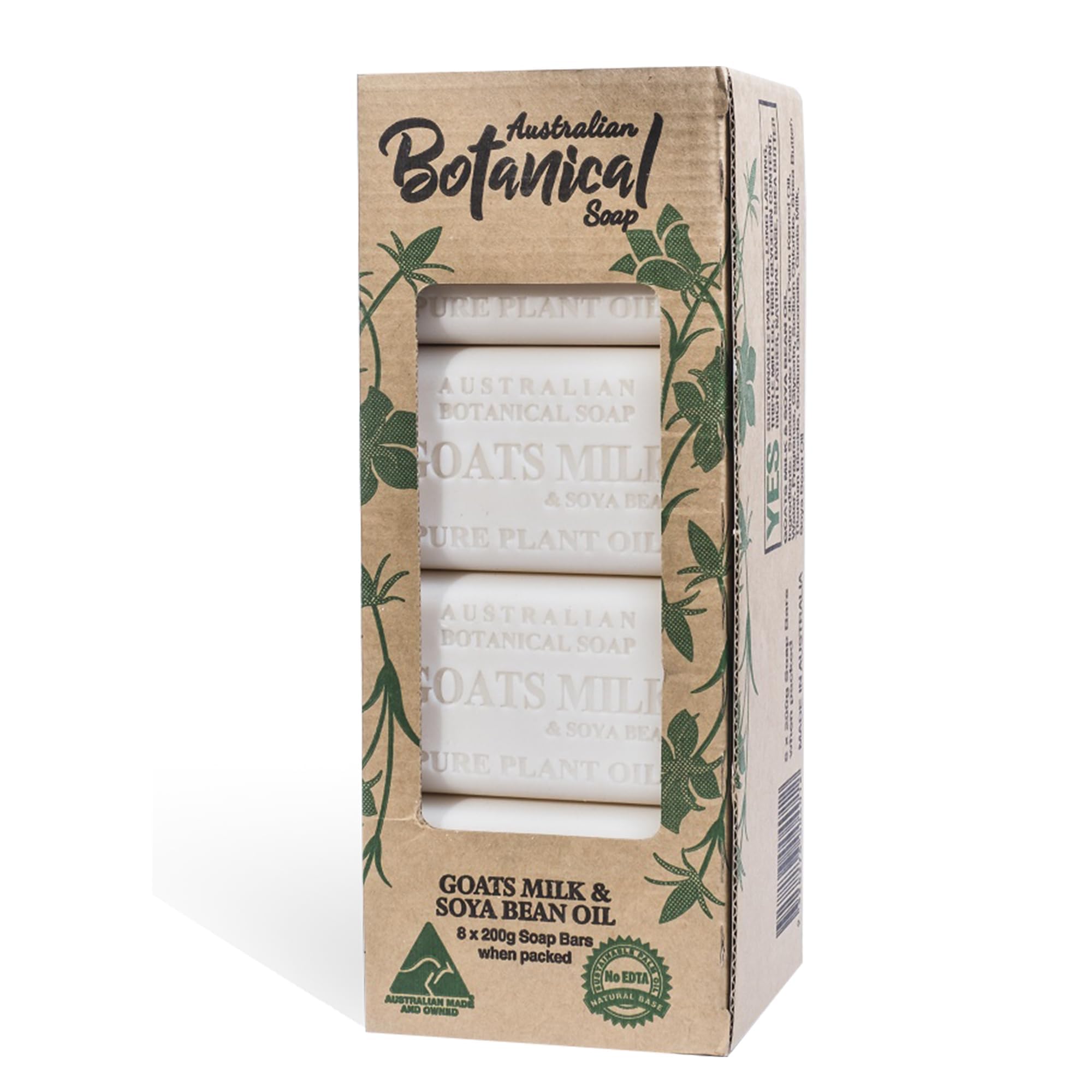 Australian Botanical Soap front pack showing eight bars and branding benefit long-lasting