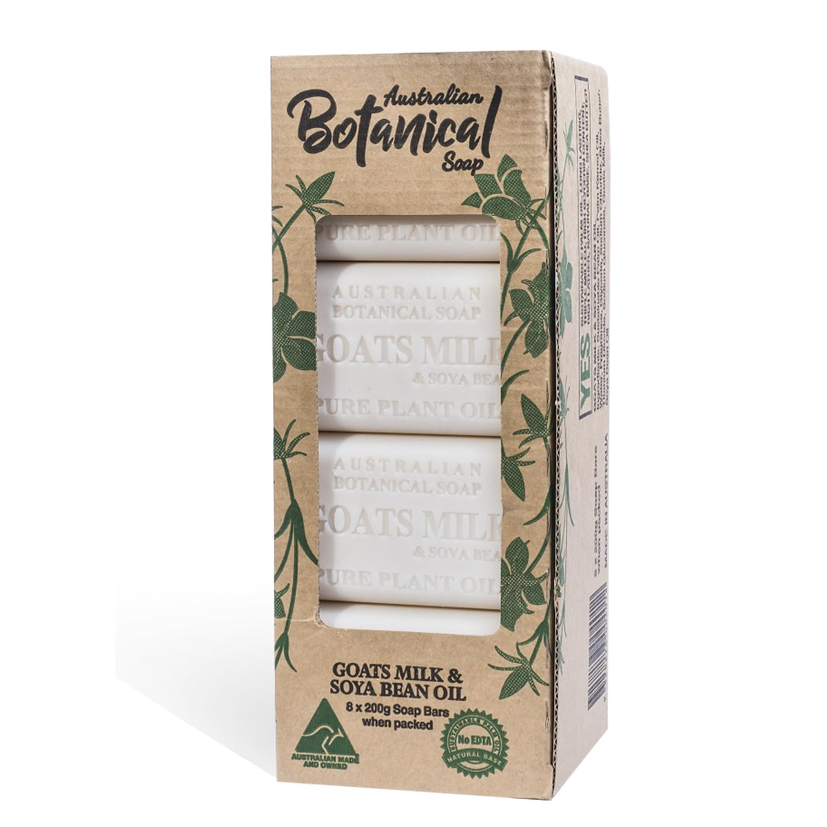 Australian Botanical Soap front pack showing eight bars and branding benefit long-lasting