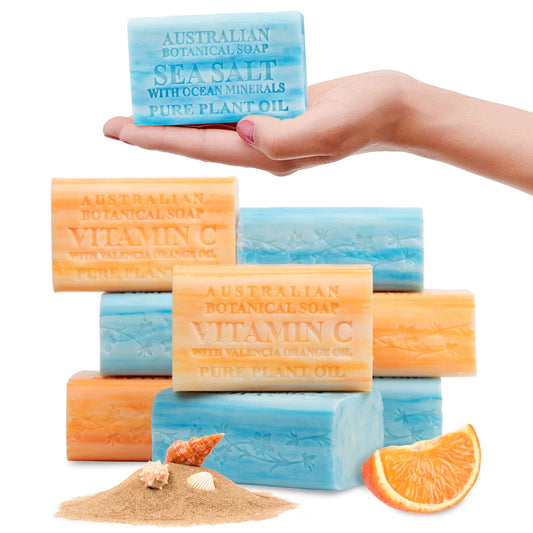 Australian Botanical Soap front pack showing eight bars and clear labeling for variety