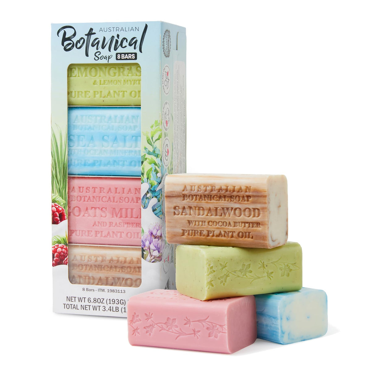 Australian Botanical Soap front packaging showing 8-pack convenience