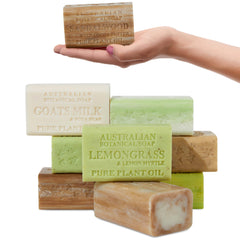 Australian Botanical Soap front packaging showing eight large bars and benefits