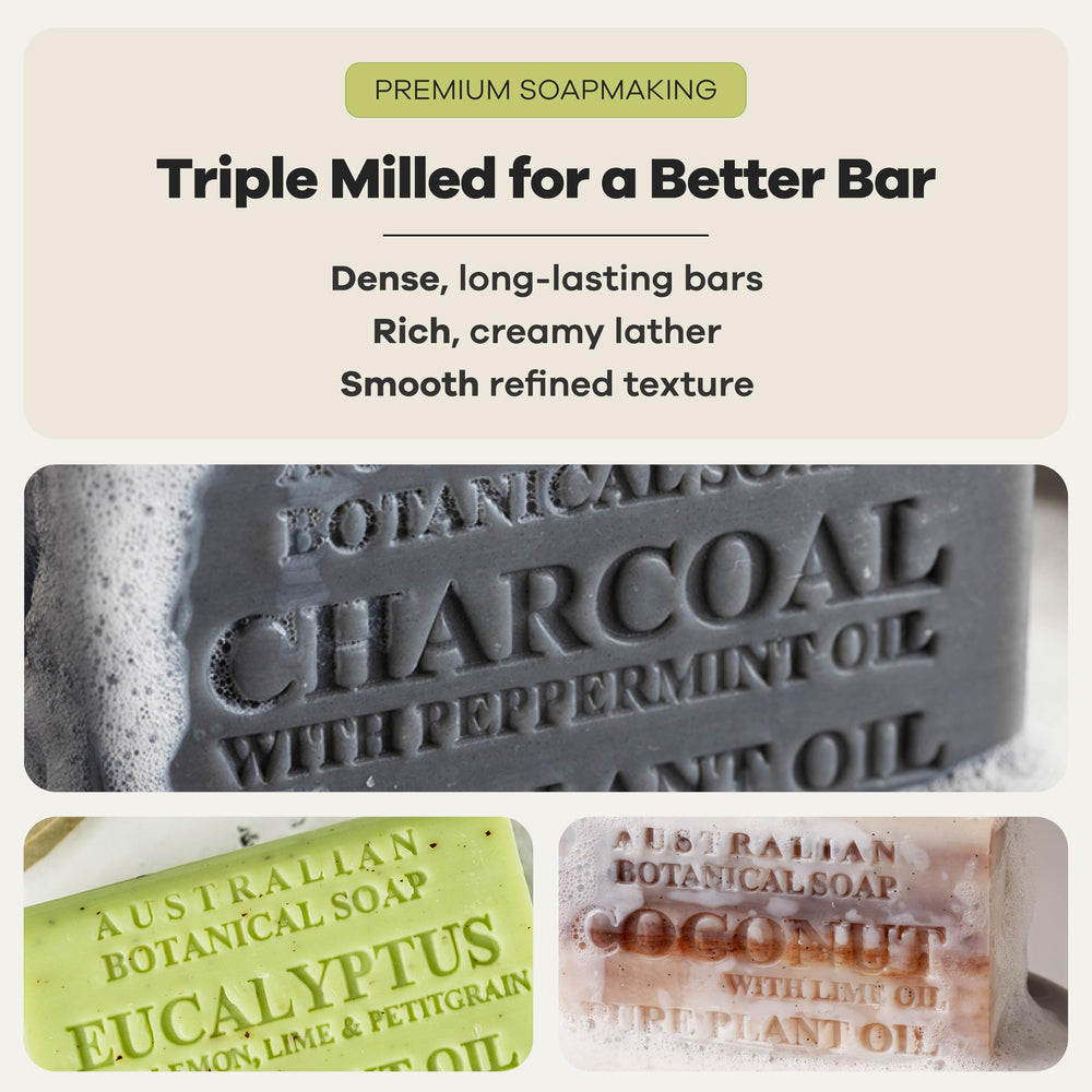 Australian Botanical Soap ingredients arranged to show plant oils and shea butter benefits