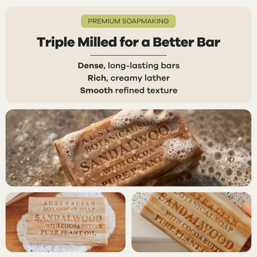 Australian Botanical Soap ingredients label showing cocoa butter and organic shea benefits