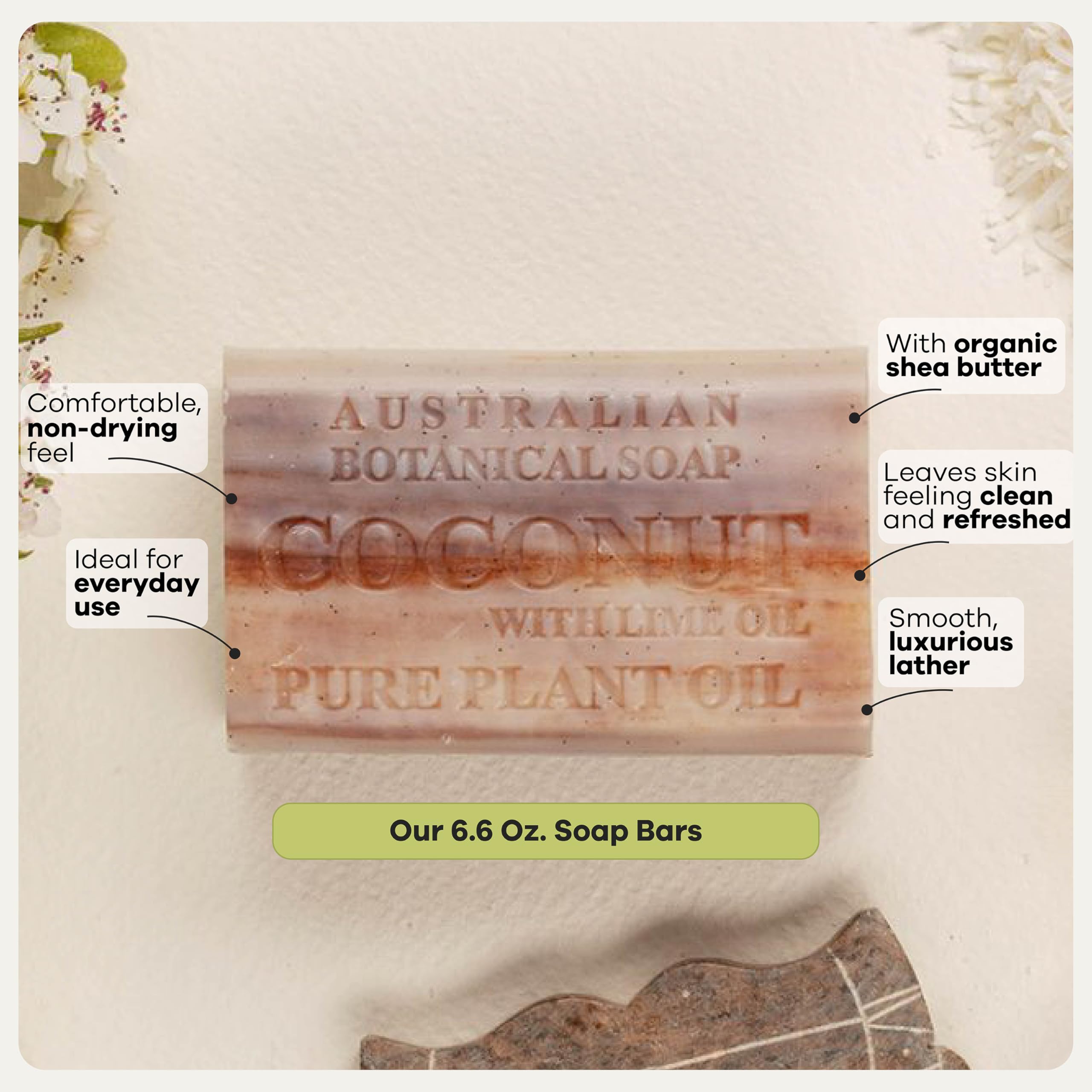 Australian Botanical Soap ingredient label detail showing plant-based, sustainable benefit