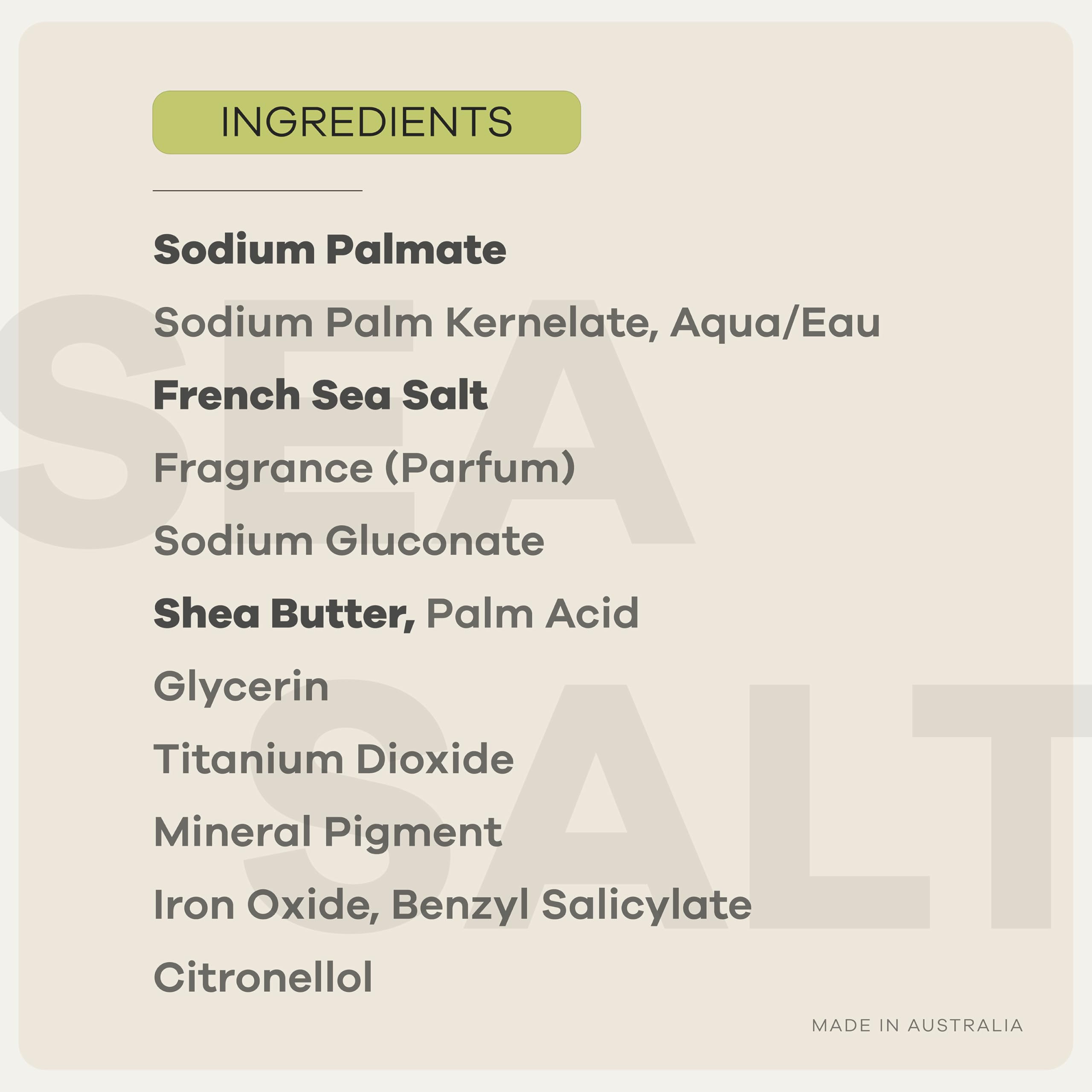 Australian Botanical Soap label and ingredients panel showing formula transparency and origin