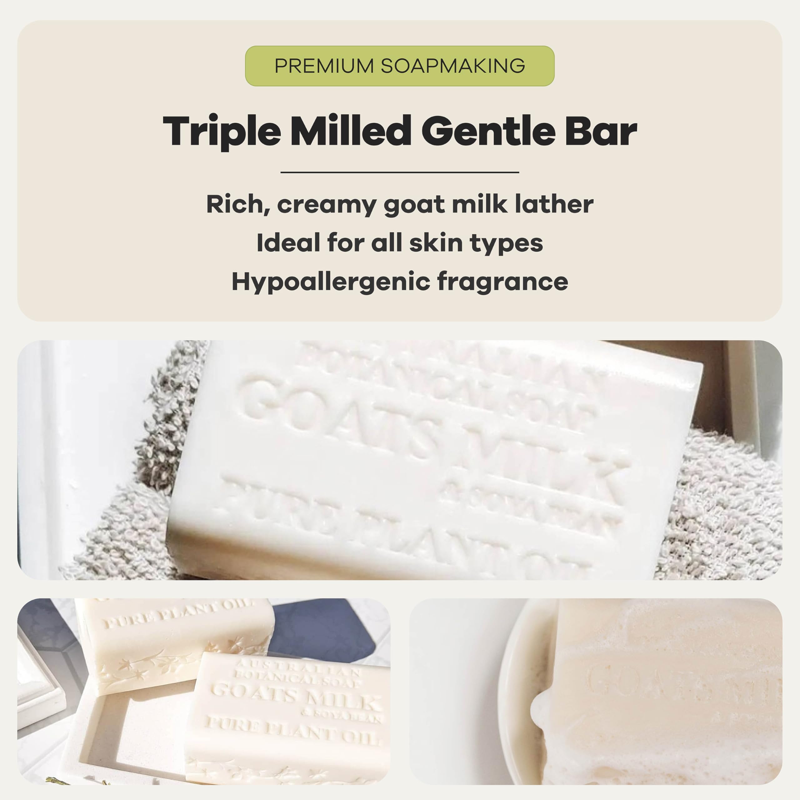 Australian Botanical Soap label and ingredients focused on shea butter and soya benefits