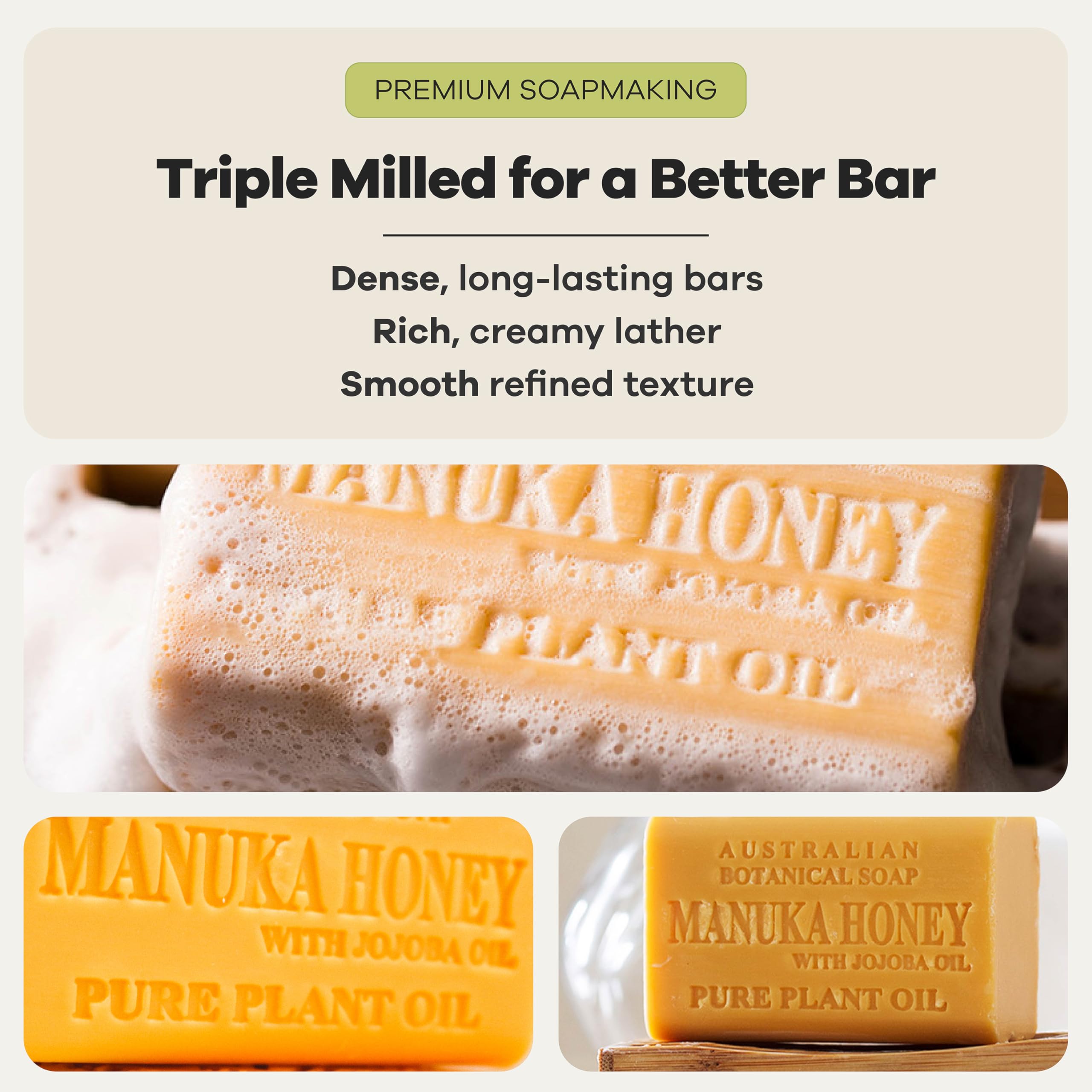 Australian Botanical Soap rich lather in hands demonstrating easy coverage