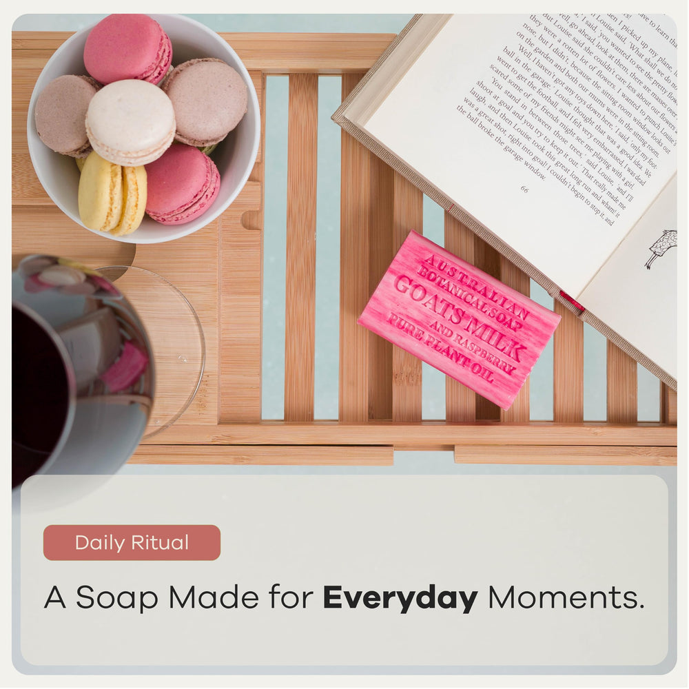 Australian Botanical Soap placed on wooden soap dish for proper drying and longevity