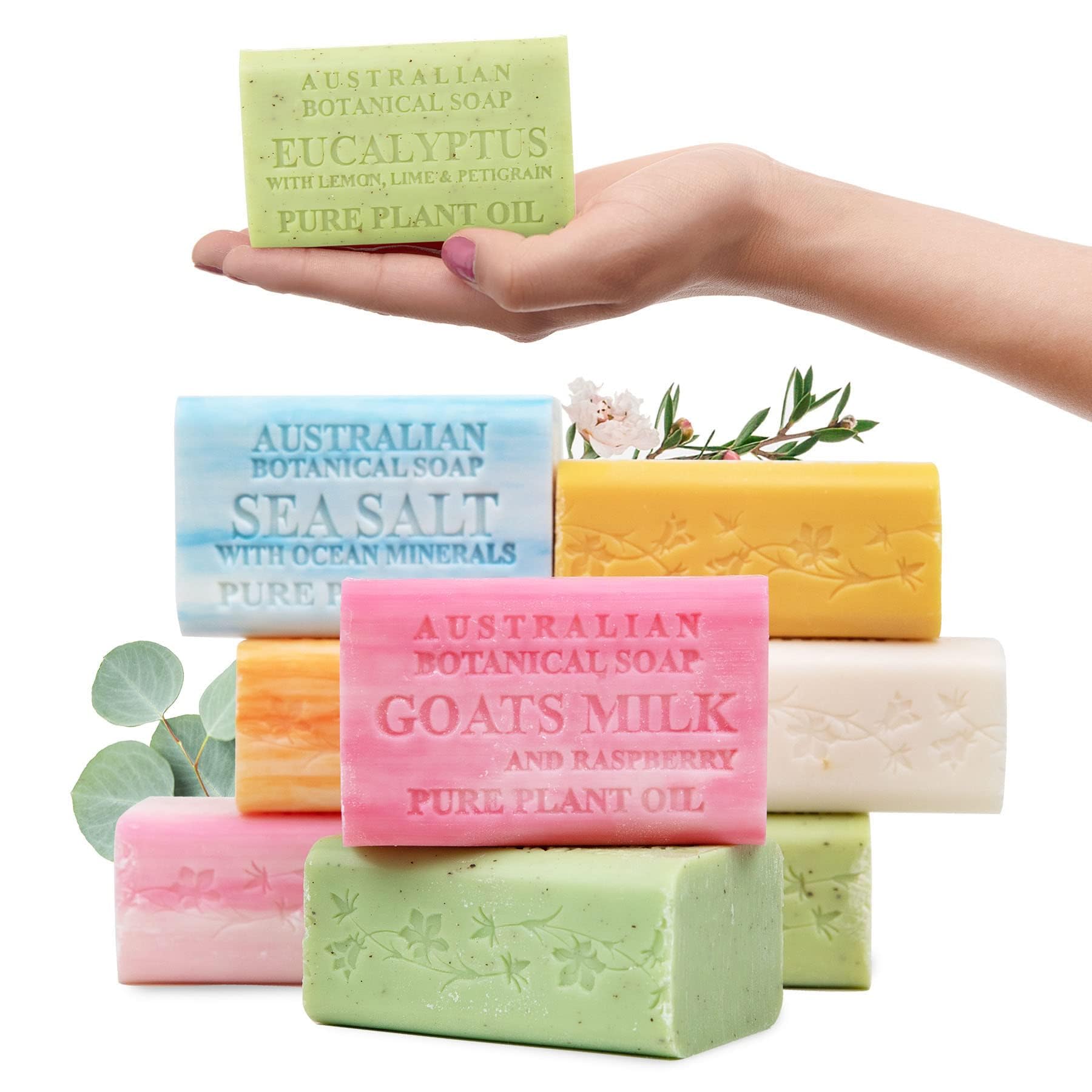 australian botanical soap pack front view showing eight bar variety and sustainable choice