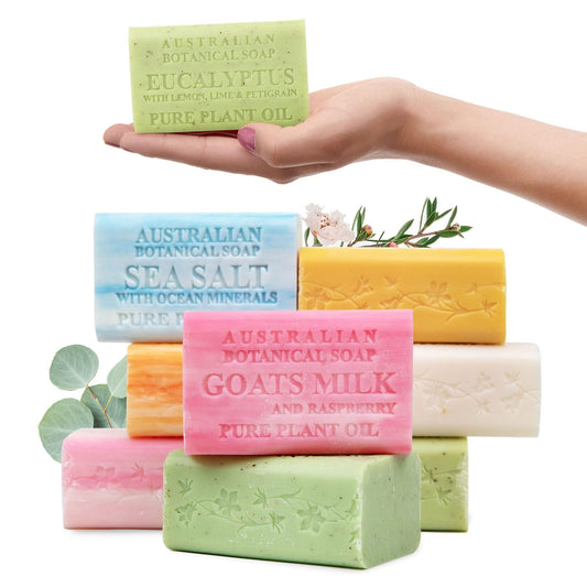 australian botanical soap pack front view showing eight bar variety and sustainable choice