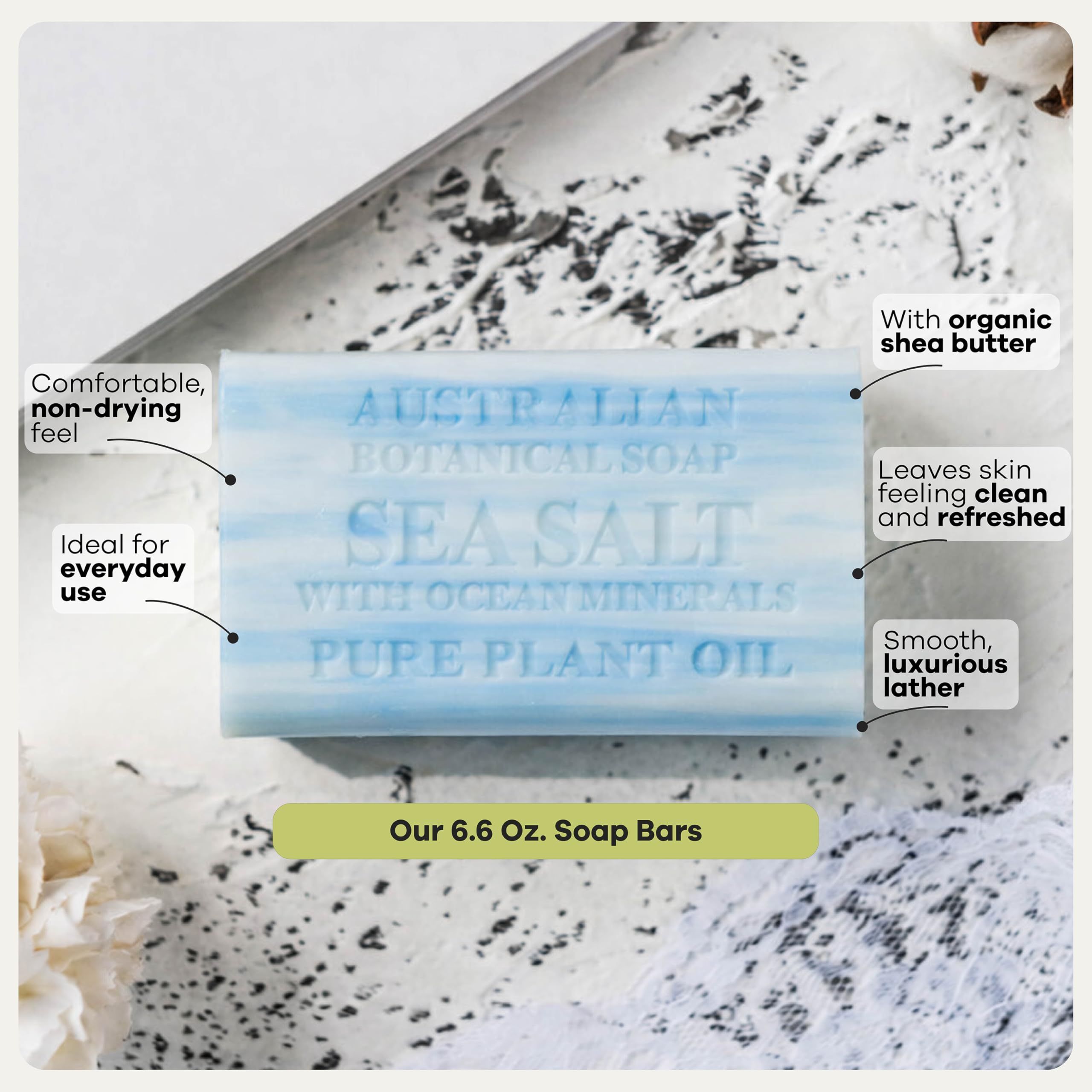 Australian Botanical Soap organic shea butter stick to show moisturizing ingredient benefits