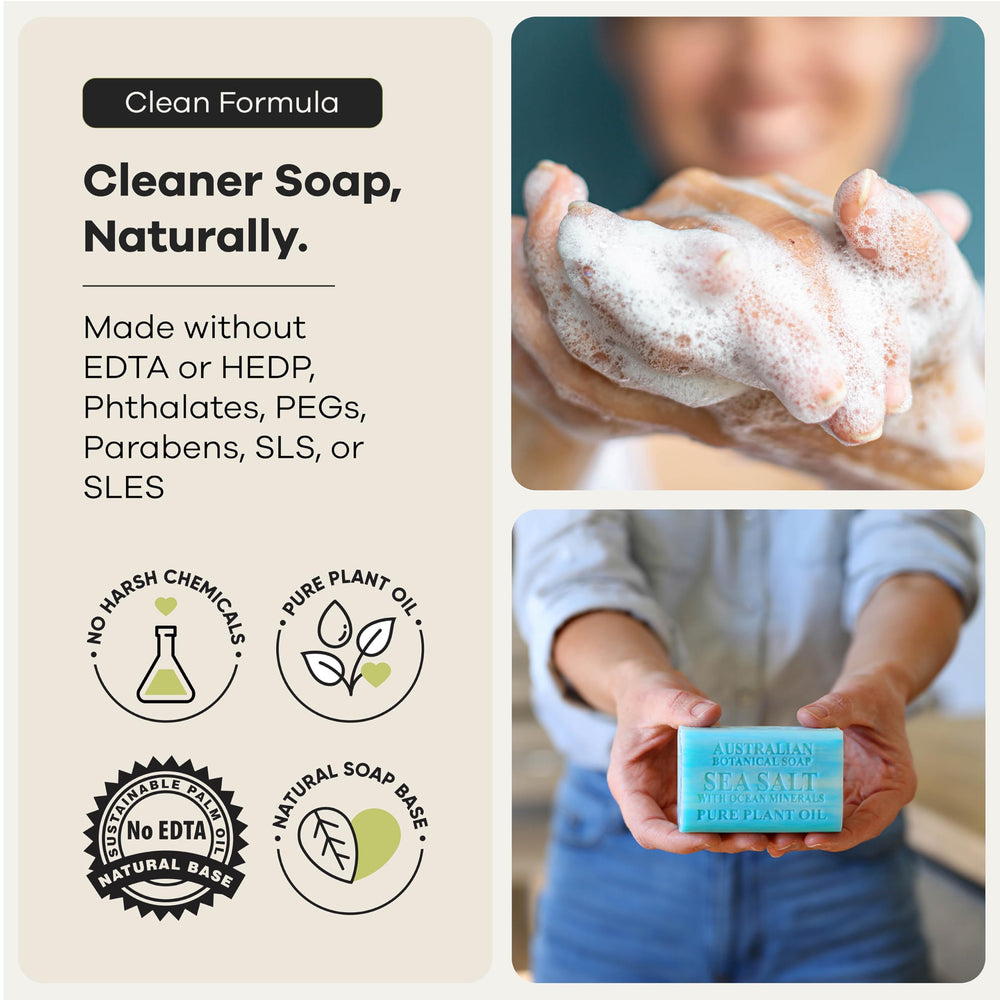 Australian Botanical Soap size comparison with a hand to show larger-than-standard bar