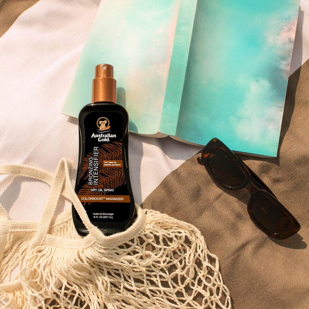 Australian Gold ingredients label highlighting aloe vera tea tree oil and natural bronzers