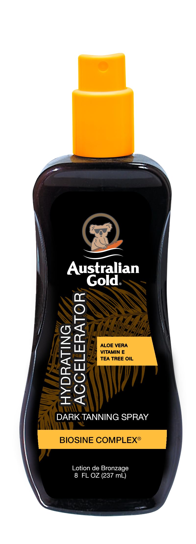 Australian Gold bottle front view showing label and 8 oz size, boosts tanning