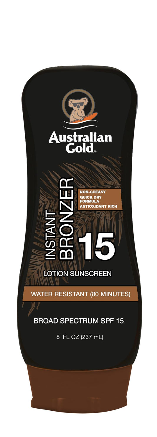 Australian Gold front packaging showing SPF 15 protection and instant bronzer