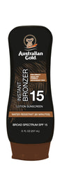 Australian Gold front packaging showing SPF 15 protection and instant bronzer