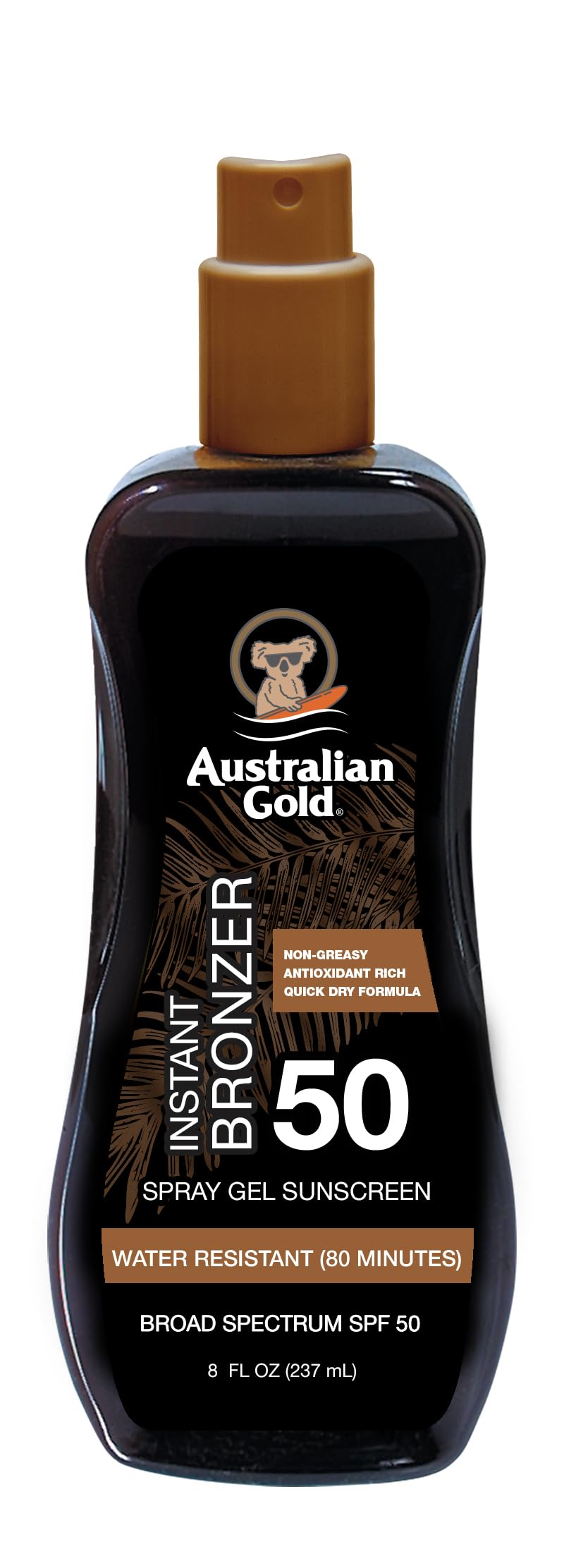 Australian Gold front bottle view showing SPF 50 and bronzer benefits
