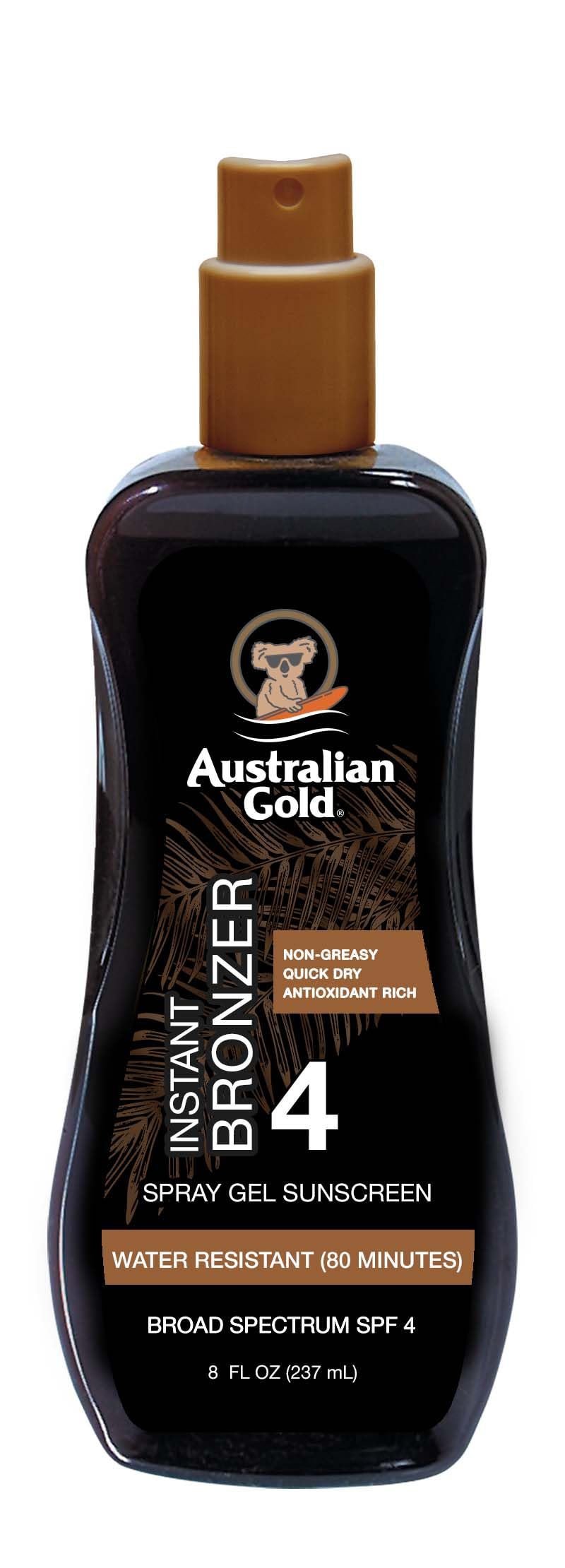 Australian Gold front packaging shows SPF and instant bronzer benefits