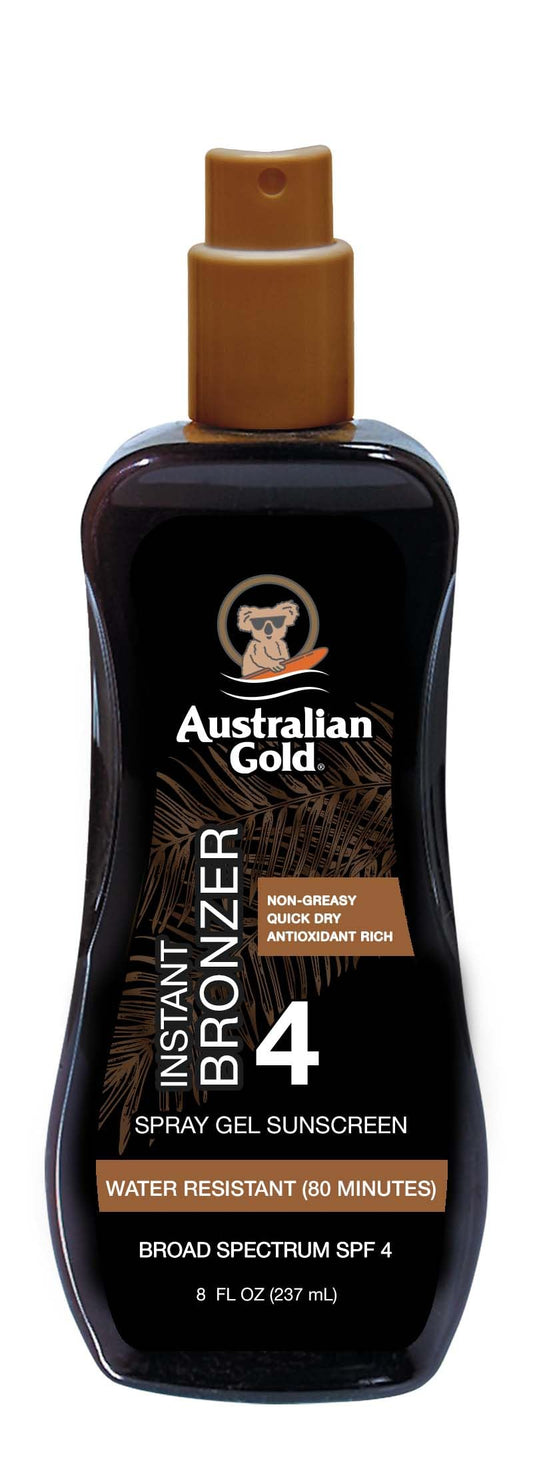 Australian Gold front packaging shows SPF and instant bronzer benefits