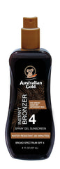 Australian Gold front packaging shows SPF and instant bronzer benefits