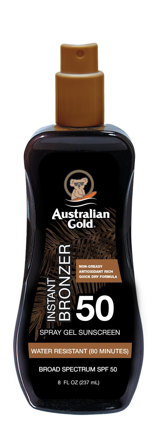 Australian Gold front bottle view showing SPF 50 and bronzer benefits
