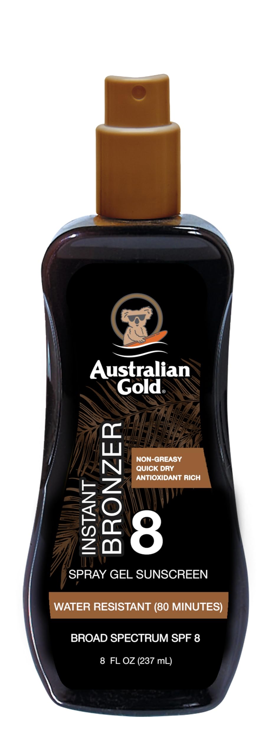 Australian Gold front packaging showing SPF 8 bottle and instant bronzer benefit