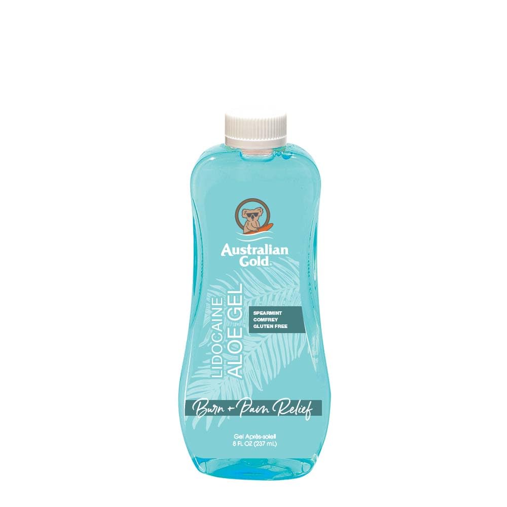 Australian Gold front packaging showing 8 fl oz bottle and cooling benefit