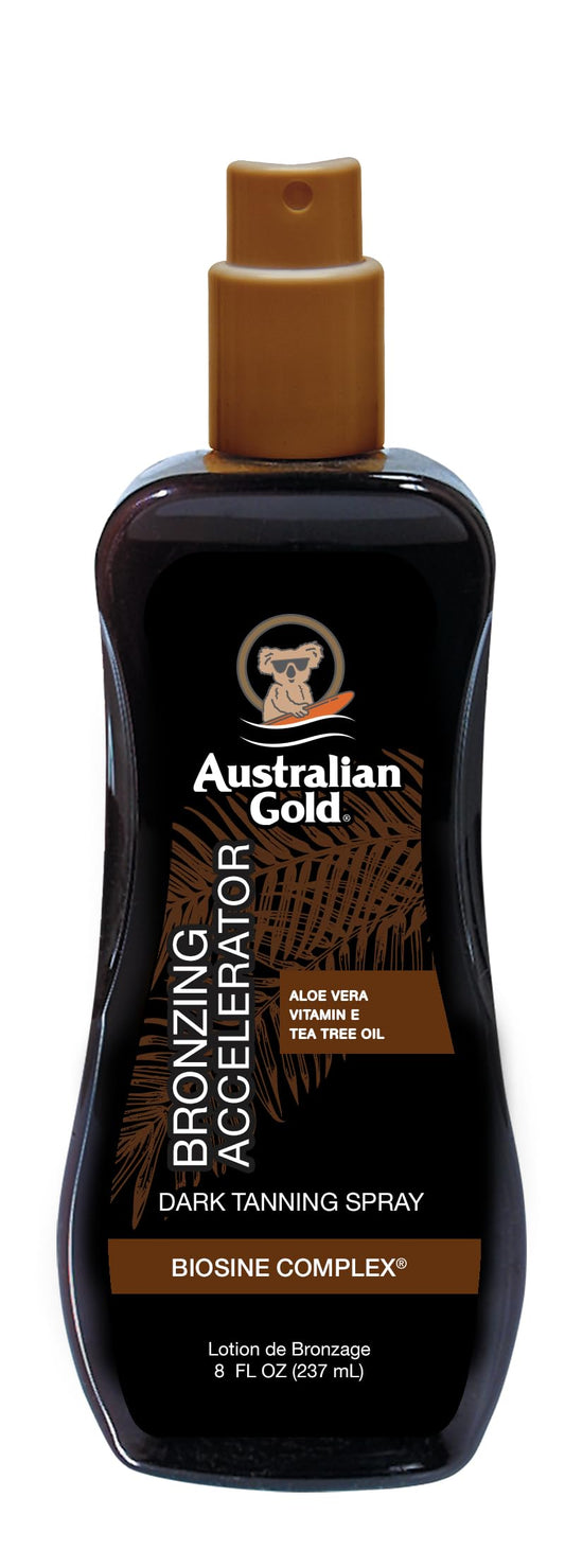 Australian Gold front packaging showing bottle and bronzer benefit