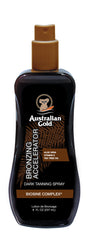 Australian Gold front packaging showing bottle and bronzer benefit