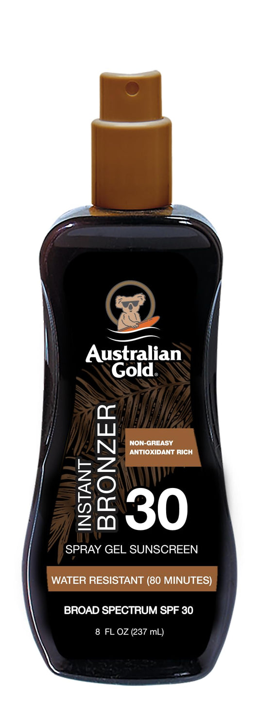 Australian Gold front packaging showing SPF 30 and instant bronzer benefits