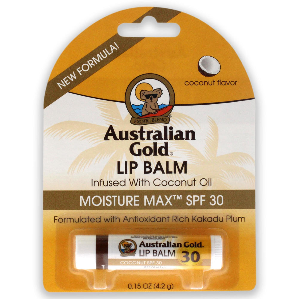 Australian Gold lip balm front view showing compact SPF30 stick and coconut flavor