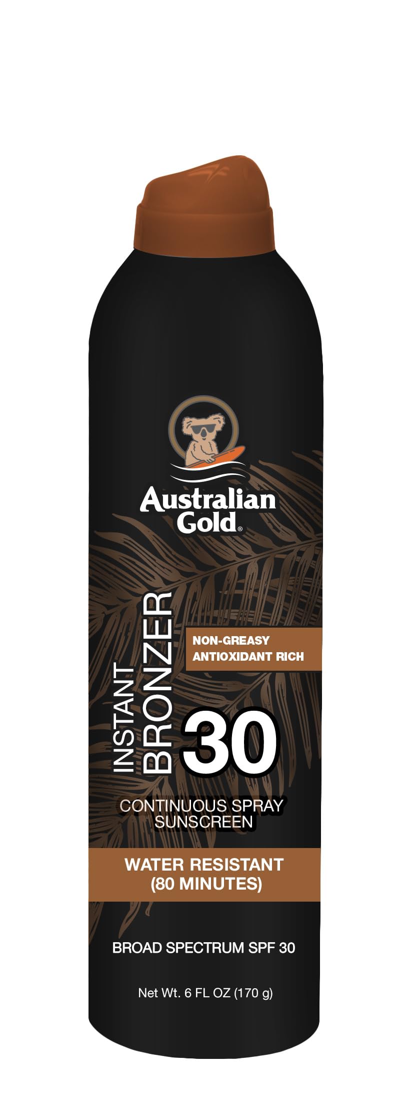 Australian Gold front bottle photo showing SPF 30 and bronzer benefit