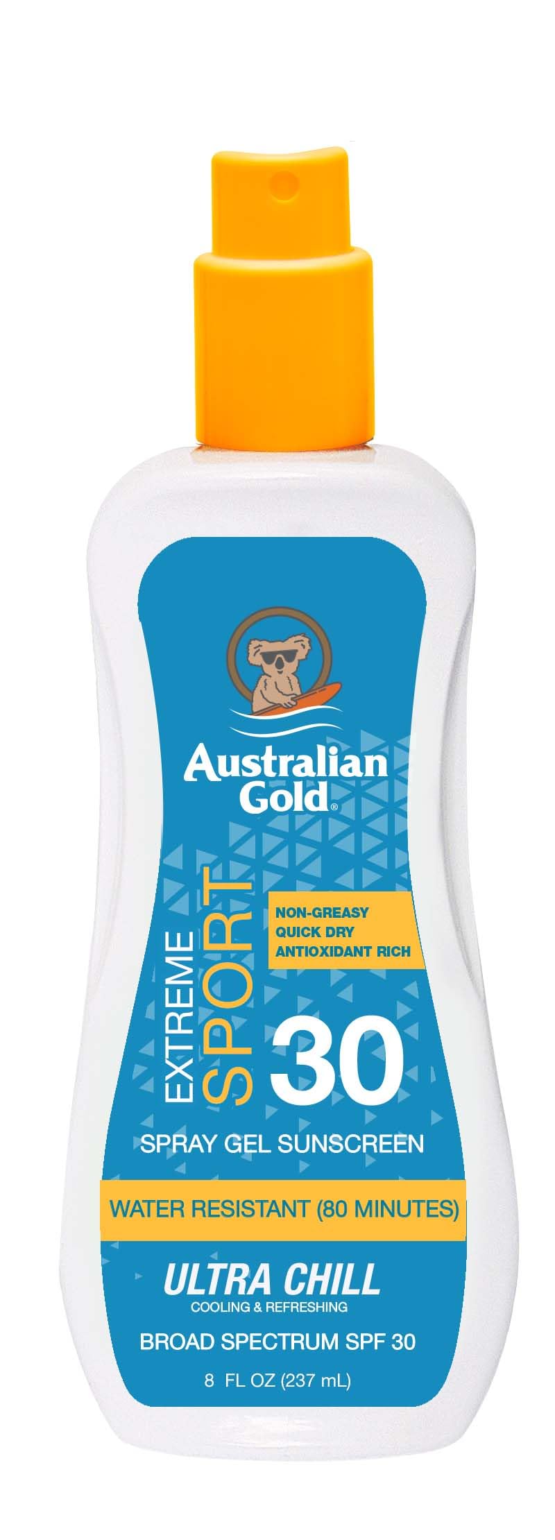 Australian Gold front packaging showing SPF 30 and sport benefits
