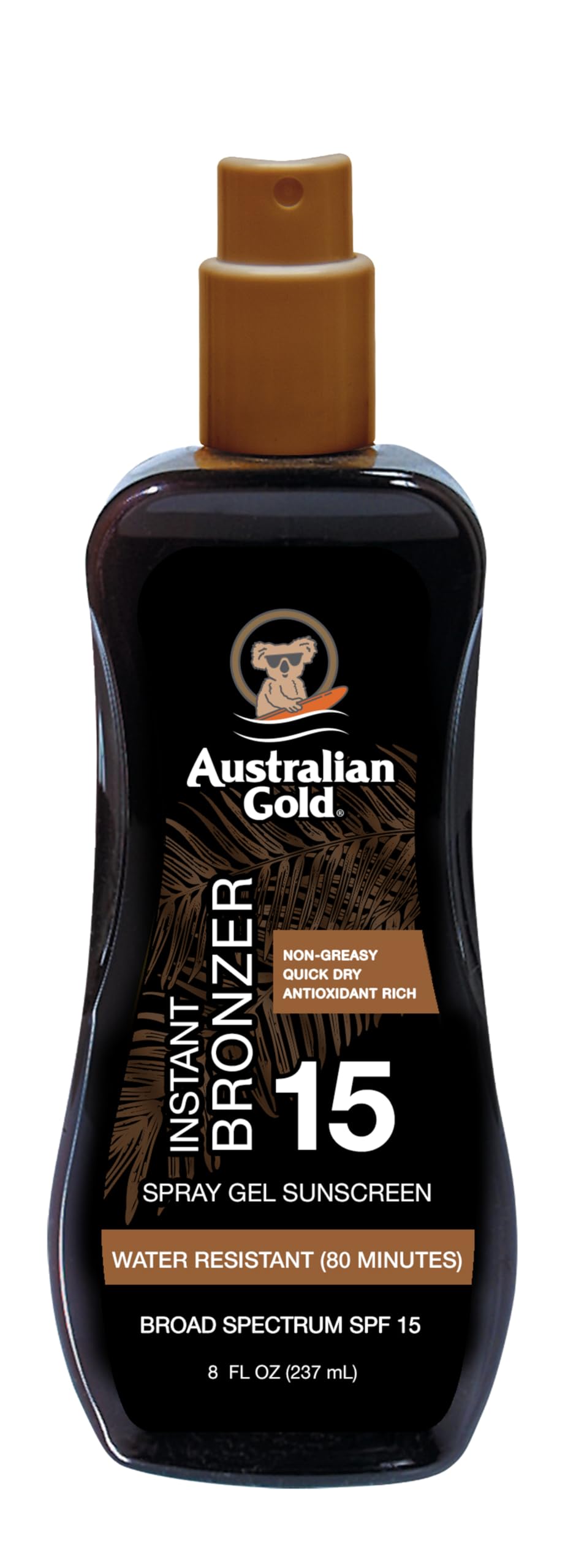 Australian Gold front bottle view showing SPF 15 and instant bronzer benefit