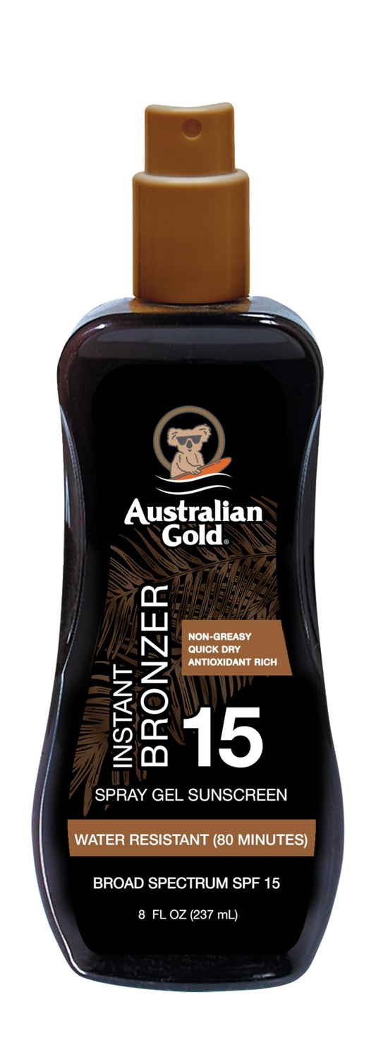 Australian Gold front bottle view showing SPF 15 and instant bronzer benefit
