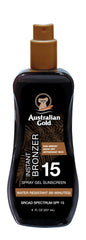 Australian Gold front bottle view showing SPF 15 and instant bronzer benefit