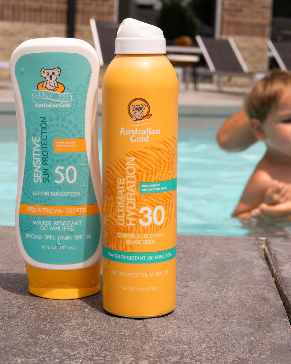 Australian Gold bottle poolside showing water-resistant convenience
