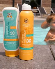 Australian Gold bottle poolside showing water-resistant convenience