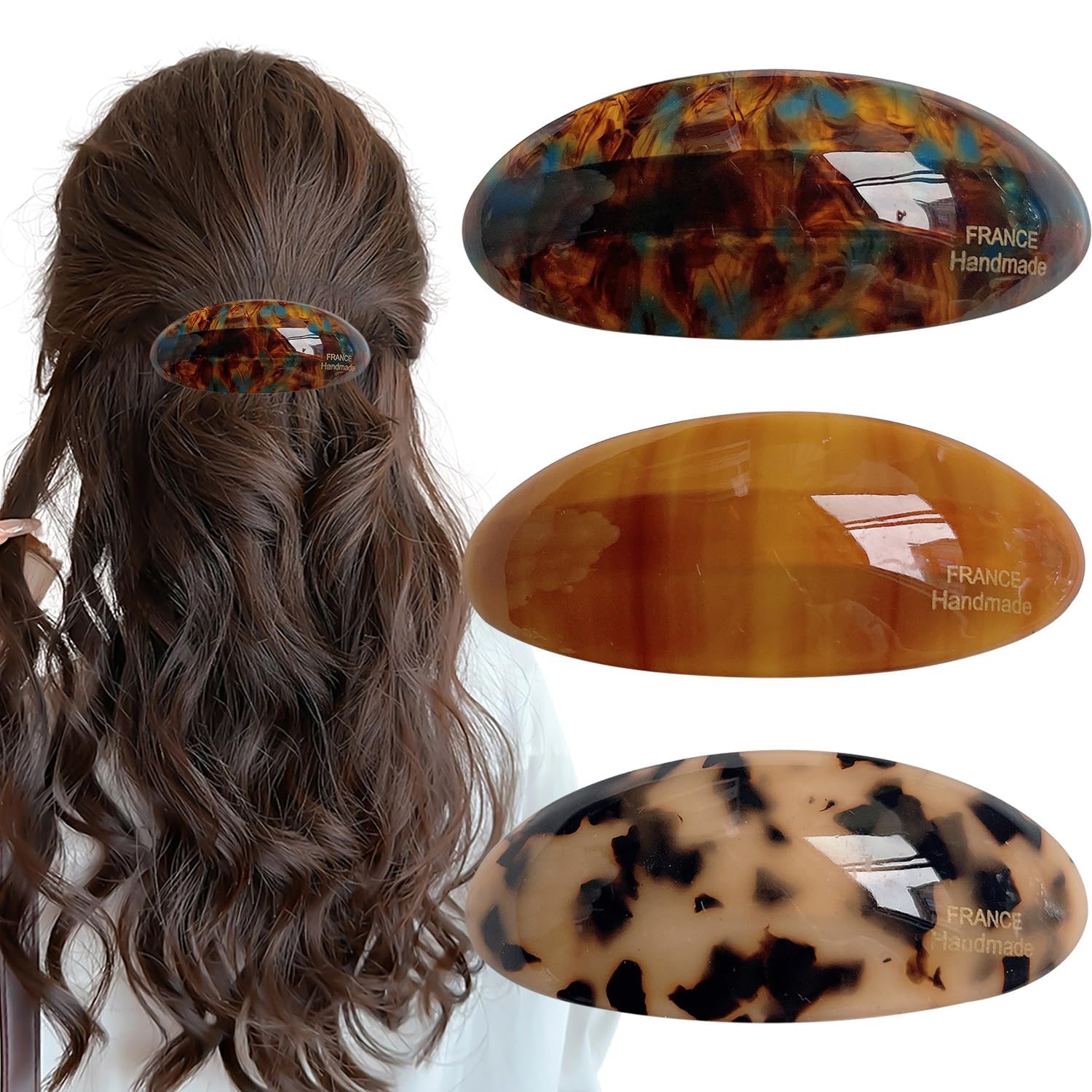 Auswalar front view of three acetate barrettes showing tortoise pattern and glossy finish for fashionable hold