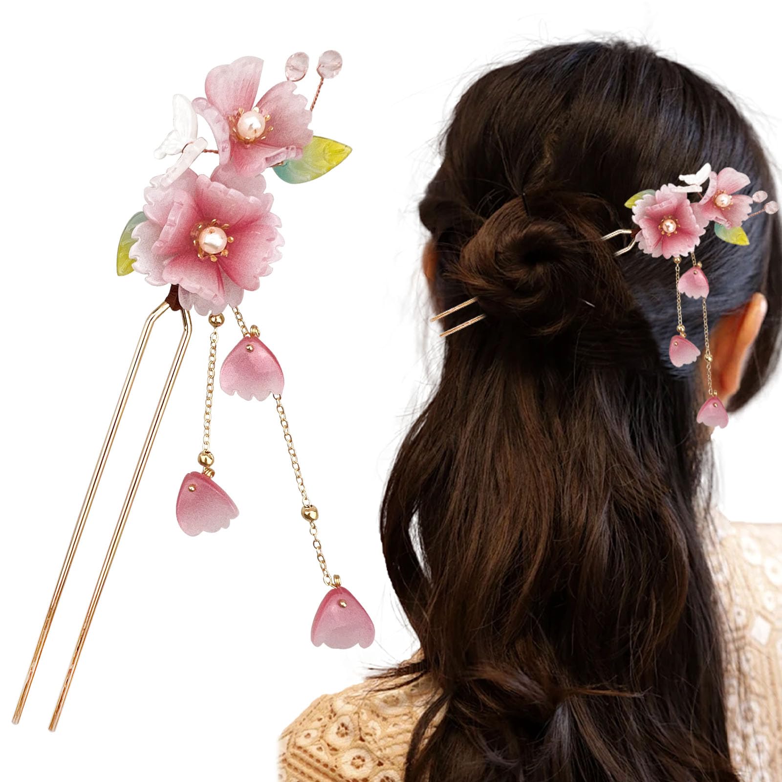 Auswalar front view pink blossom hairpin showing elegant decorative design and wearable beauty